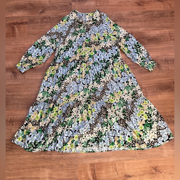 H&M Floral Tiered Long Maxi Dress Size XL Shift Collared Cottagecore Prairie‎ - Picture 7 of 11